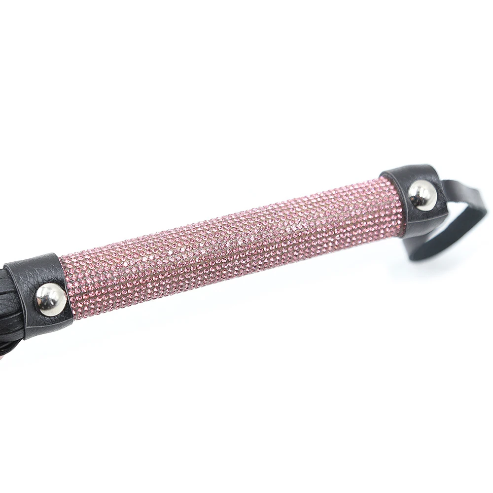 Black Premium PU Leather Horse Whip for Horse Training, PU Leather Covered Pink Crystal Handle with Wrist Strap