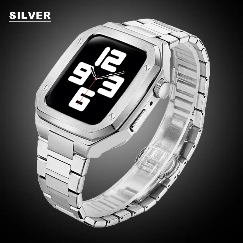 

Modification Luxury Stainless Steel Case for Apple Watch 8 7 6 5 Band Metal Strap for IWatch 42mm 44mm 45mm Rubber Watchband