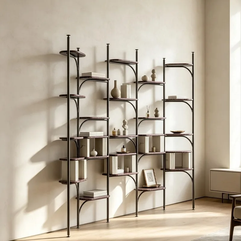 Storage Luxury Bookcases Bookshelves Metal Burnished Colour,Marble Display Shelf Divider Open Book Rack for Home Reading Room