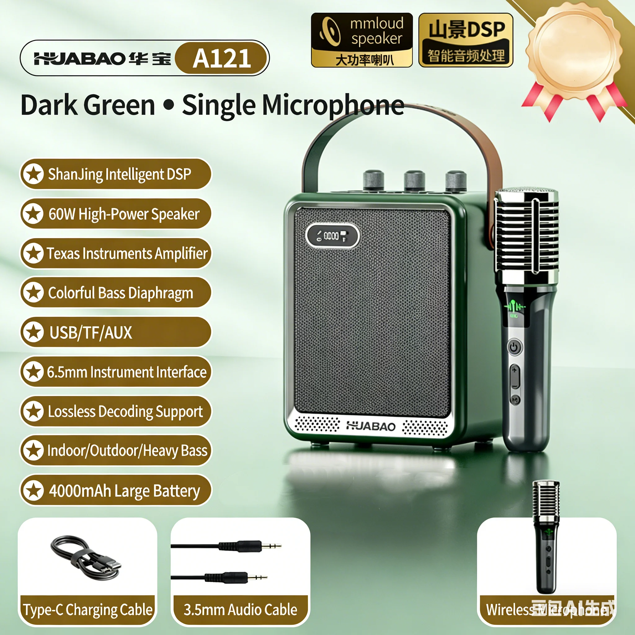 

60W Powerful Bluetooth Speaker Bluetooth 5.4, with 6.5mm Instrument Jack & Dynamic Microphone, Portable Outdoor Boombox Karaoke