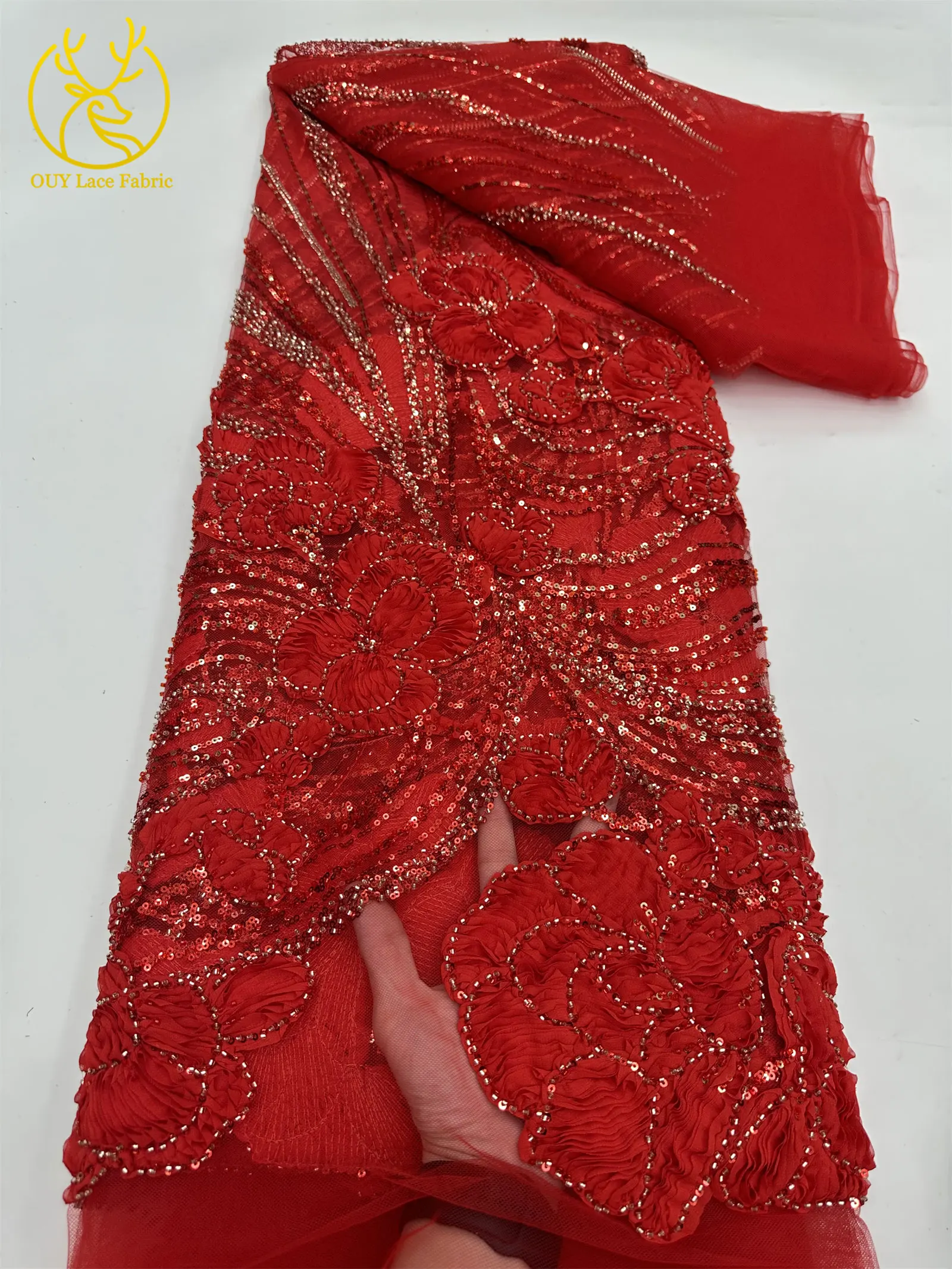 Modische französische 3D-Mesh-Stickerei-Spitze, afrikanischer Perlen-Spitzenstoff, himmelblauer nigerianischer Tüll-Spitzenstoff für Hochzeitskleider und Partykleider zum Nähen – Detail 12