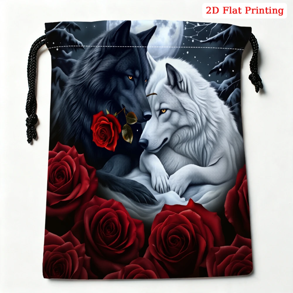 1Pc Wolf And Red Rose Print Drawstring Bag Black Storage Small Pouch For Glasses Jewelry Cosmetics Travel Organizer Portable