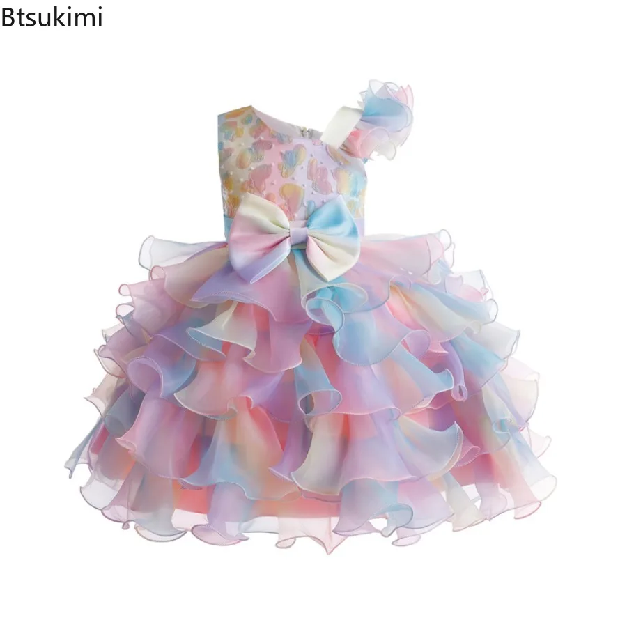 Girl's Bow Dress Kids Rainbow Bowknot Wedding Flower Girl Costume Children Ball Gown Birthday Party Outfits Deluxe Tiered Skirt