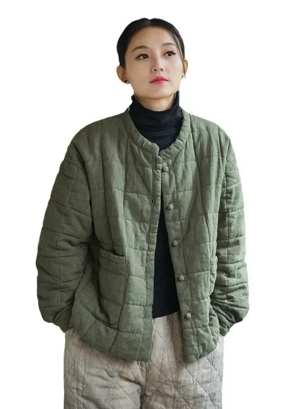 Damen-Langarmmantel mit lockerer Passform, 2025, neue Retro-Jacke aus Baumwoll-Leinen-Mischung, lässige Oberbekleidung mit Knöpfen für den Winter