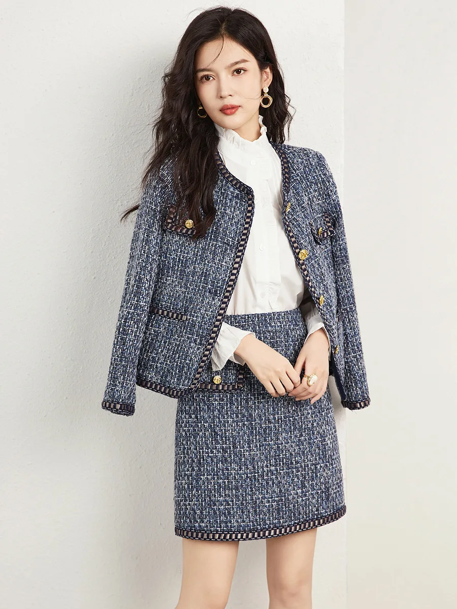 ZJYT Runway Designer Winter Outfits 2 Piece Women Vintage Tweed Woolen Jacket and Skirt Set Suit Elegant Party Dress Sets Blue