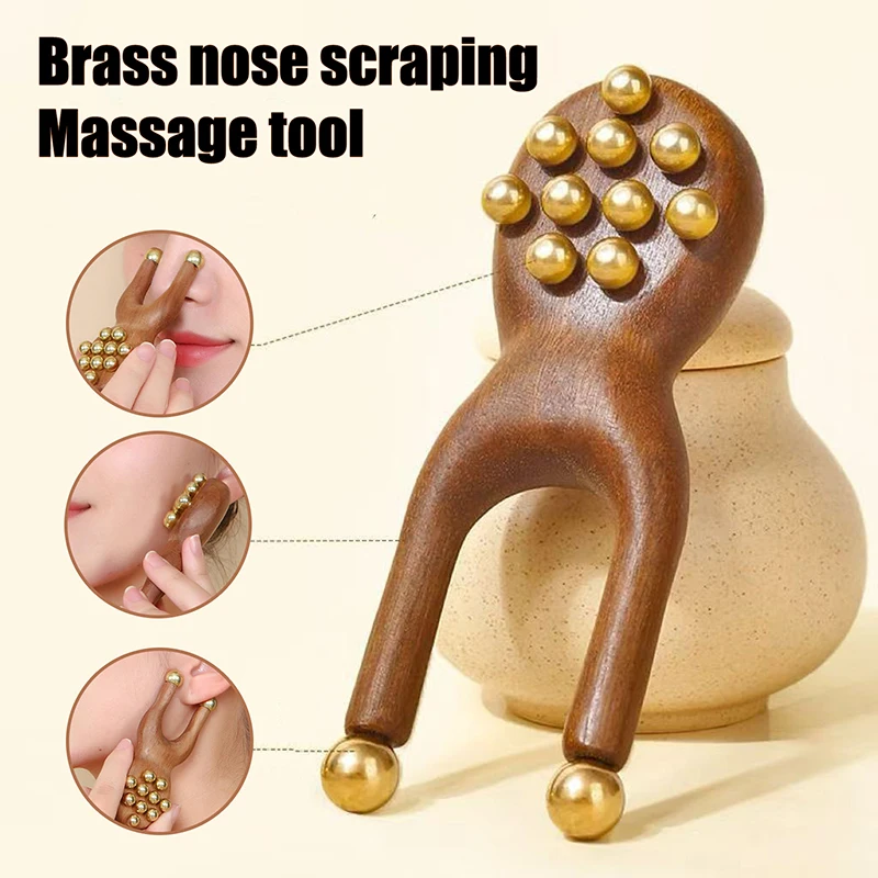 Wooden Nose Gua Sha Massage Tool Relaxation Spot Meridians Acupoint Brass Bead Handheld Comb Anti Static For Face Nose Eye