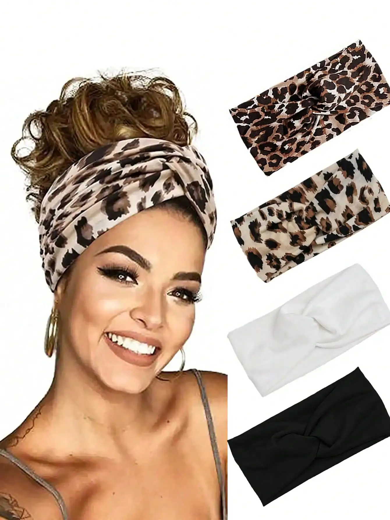 

4-Pack Stretchy Knotted Headbands for Women - Leopard Print & Solid Colors