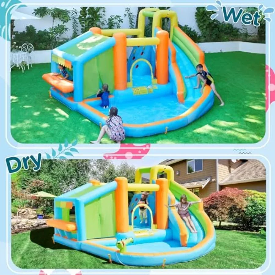 Inflatable Bounce House, Water Bouncer Castle for Aged 3-10 W/Splash Pool, Toy Market Stand, Bouncer Area, Slide, Climbing Wall