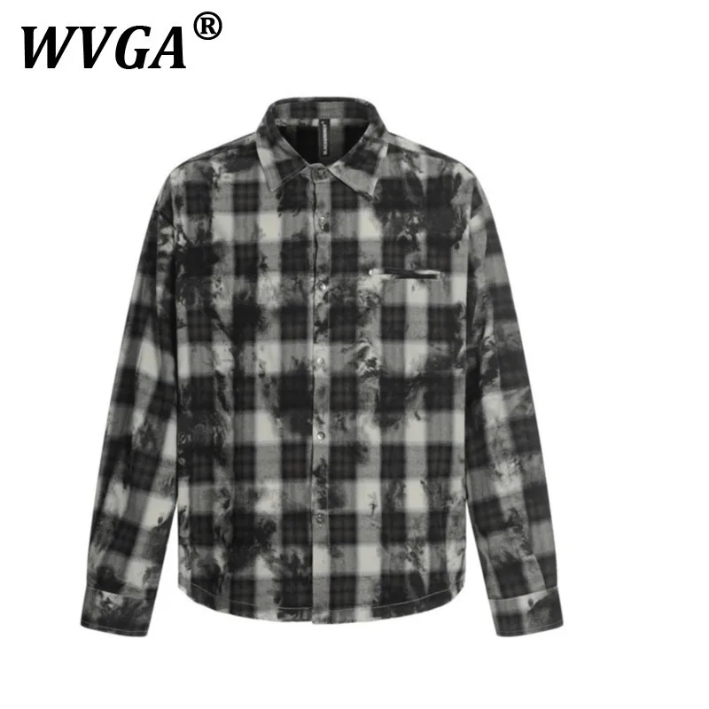 

WVGA Spring Autumn New Men High Street Tie-Dyed Plaid Vintage Long Sleeve Shirts Turn-down Collar Niche Loose Casual Shirt W7287