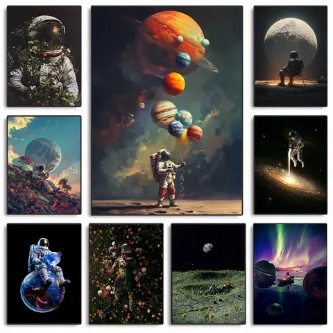 Póster estético creativo de astronauta en el universo, planetas, jardín, pintura en lienzo, imágenes artísticas de pared, decoración del hogar, regalo