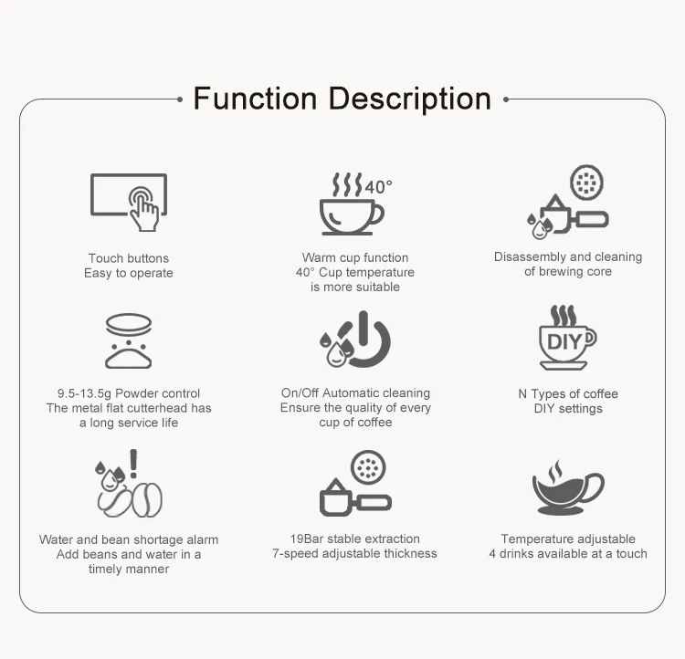 BTB  Espresso Coffee Maker Automatic Cleaning Hidden Bean tank Grinding Adjustable Simple Operation