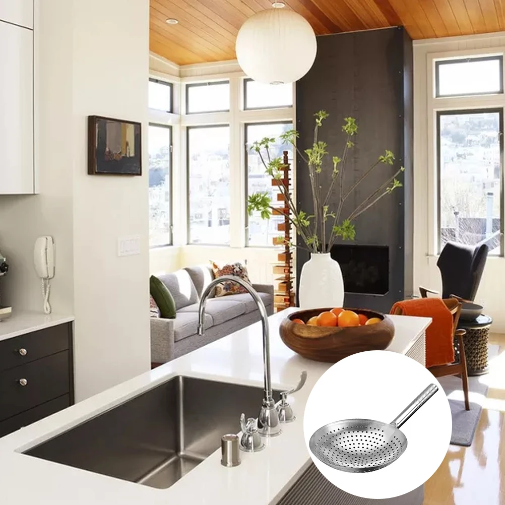 

1pc Thickened Frying Hot Pot Spoon Colander Scoop Stainless Steel Mesh Strainer Silver High Density Hole Uniform Fine Filter