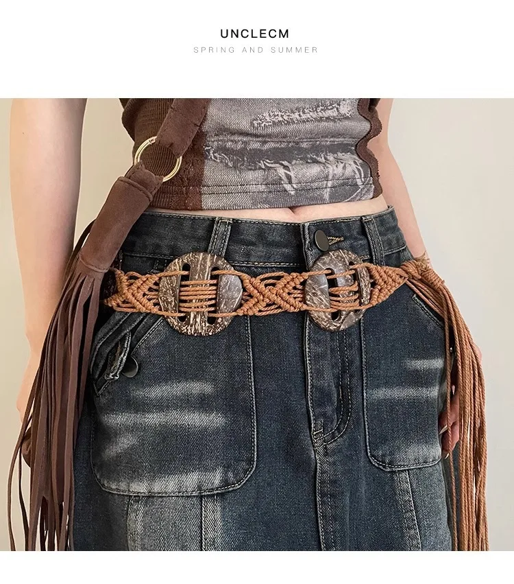 

2024 Woven national wind wide version coconut shell belt women retro niche design sense waist rope