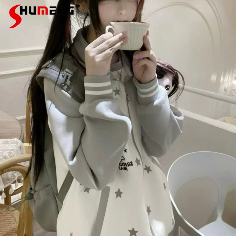Star Y2k veste à capuche couche d'air mignon Vintage manches Raglan veste à glissière japonais ample mignon doux sweat manteau pour dames