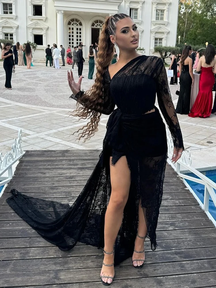 Maxi Cocktail Party Gowns Sexy Black Lace Illusion Asymmetrical Long Evening Dress See Through Full Sleeves Cut Out