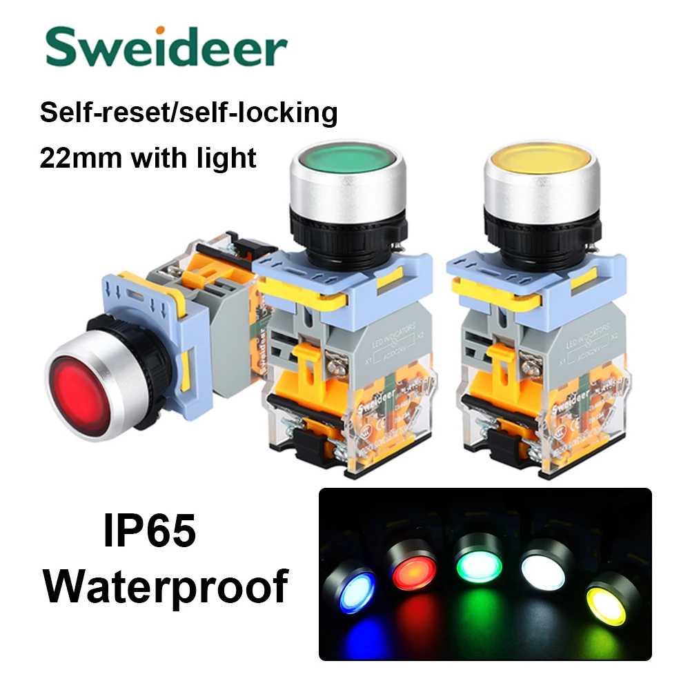 Wodoodporny przełącznik przyciskowy z diodą LED 22 mm Chwilowy reset Samoblokujący przełącznik przyciskowy z podświetleniem 12V