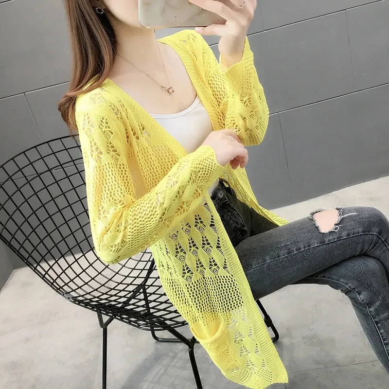 

Fashion New Hollow Out Loose Knitted Wollen Sweater Elegant Women V-Neck Spring Summer Knitwear Coat Girl Gift Office Lady Wear