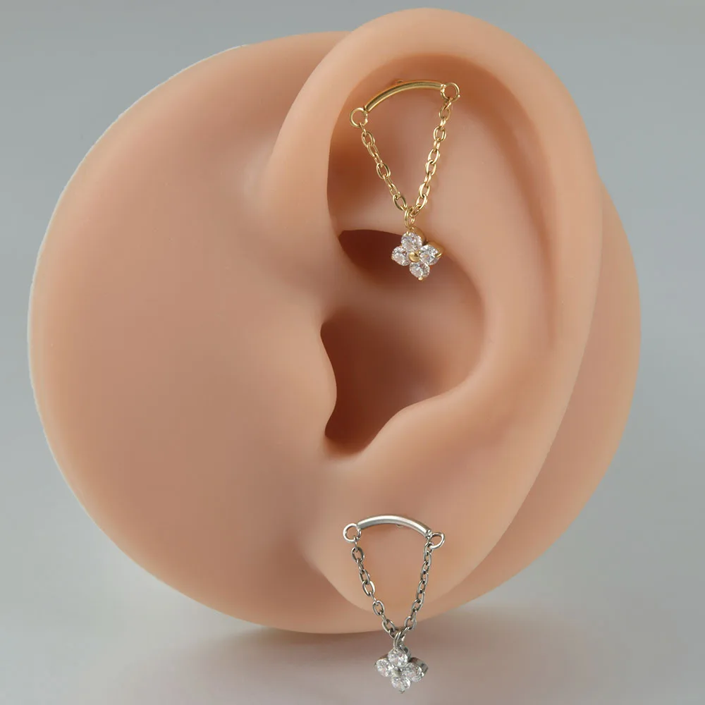 Titanium Piercing Labret Stud with CZ Flower Pendant Chain
