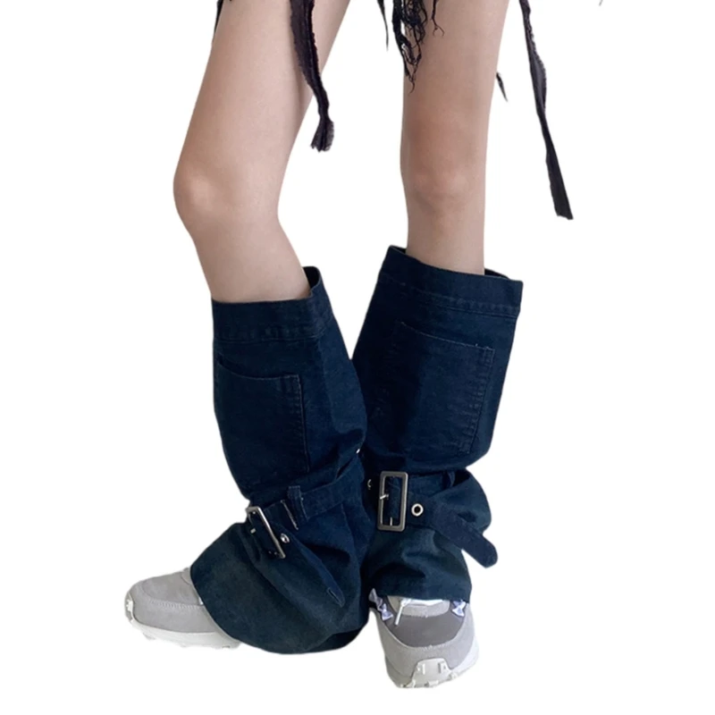 Buckle Strap Denims Leg Warmers with Pocket Women Punk Baggy Loose Boot Covers