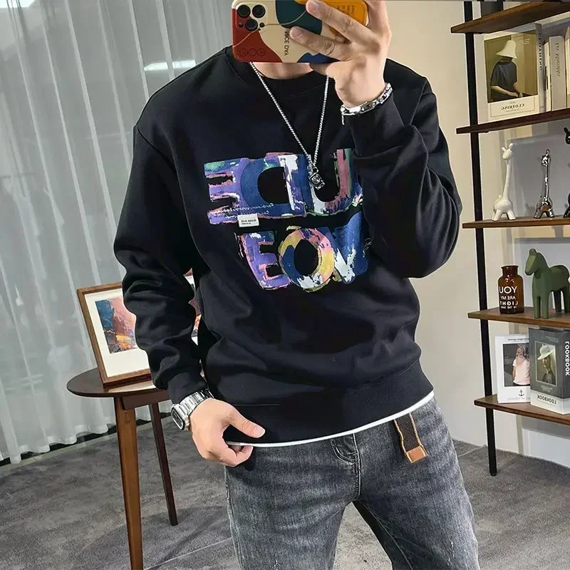 New Male Pullover Round Neck Sweatshirt Printed Harajuku Fashion Men's T-shirts High Brand Tee Full Sleeve Sale Elasticity Size