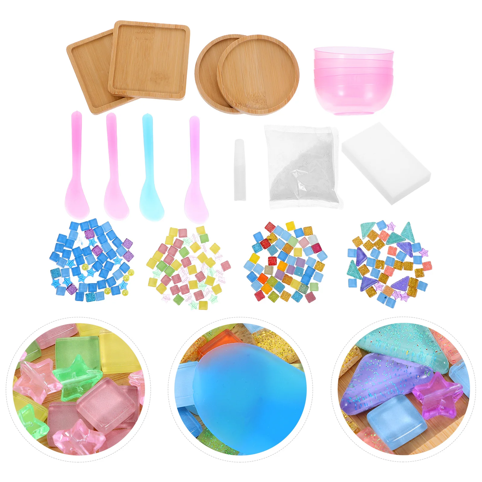 

4Sets DIY Coaster Making Kit Colorful Mini Tile Pieces Bamboo Base Crafts for Adults Kids Art Projects Craft Tiles