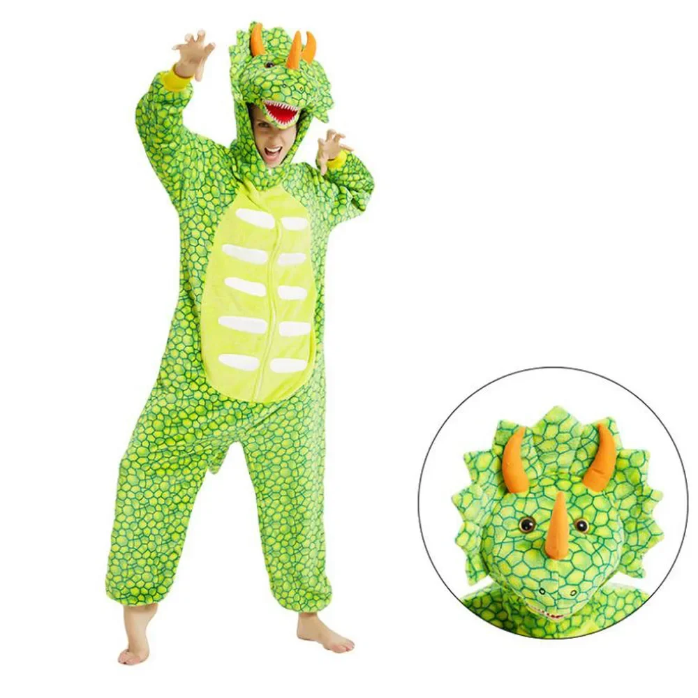 Triceratops Dinosaur Animal Cartoon Adult Pajamas Bodysuits One Piece Hooded Jumpsuits Overalls Sleepwear