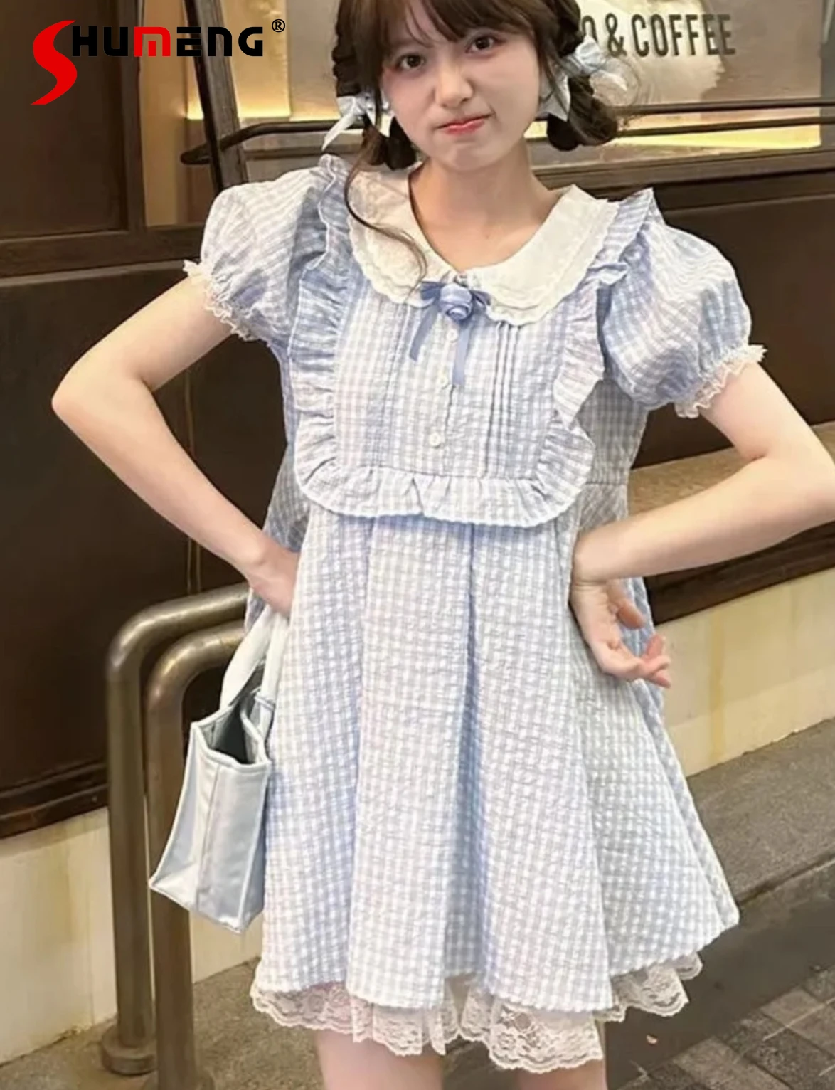 

Sweet Blue Plaid Doll Collar Dress for Women 2024 Summer New Princess Cute Slimming Lace Short Puff Sleeve Pettiskirt Feminino