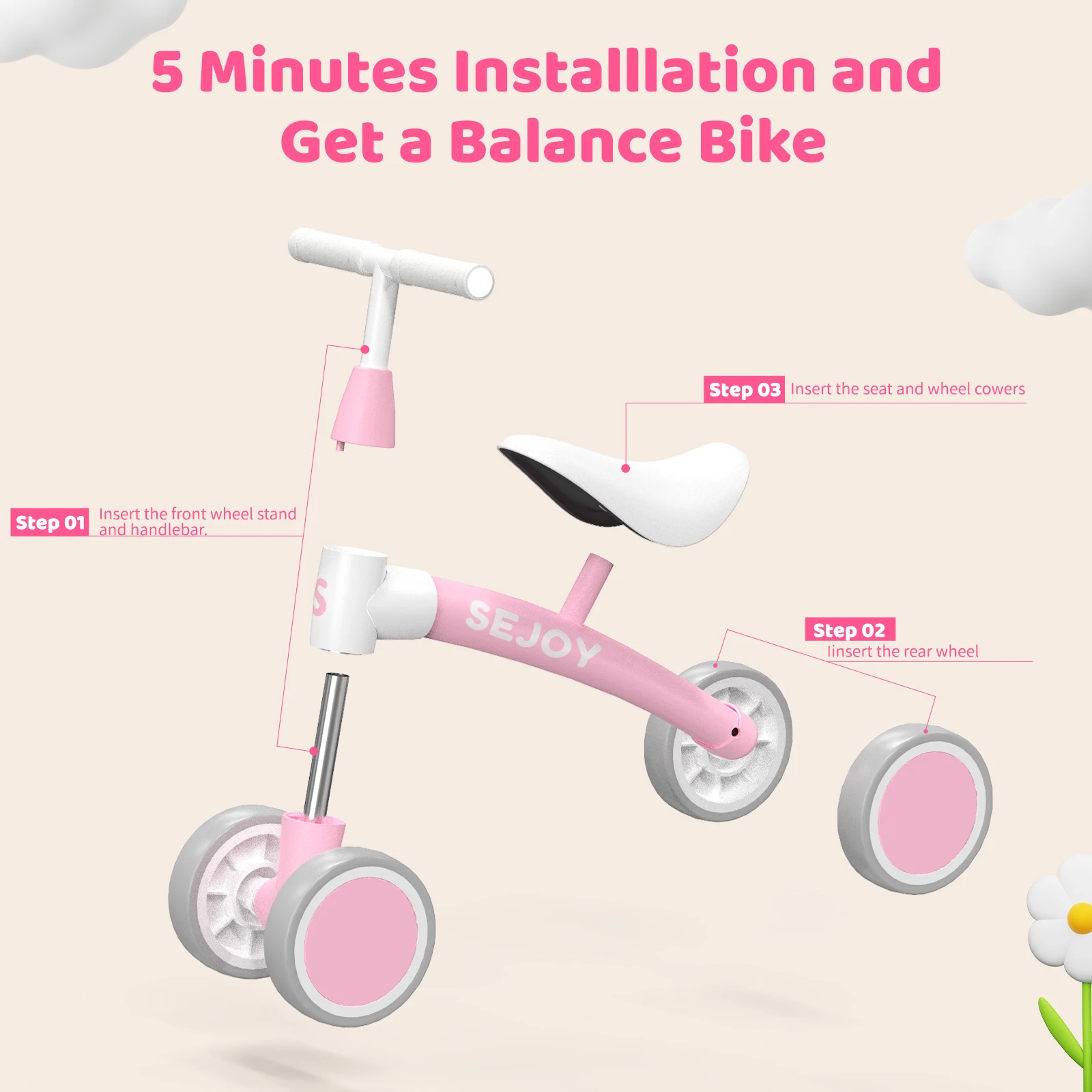 Sejoy Baby Balance Bike for 12-36 Month Toddler Riding Toy 4 Wheels Toddler First Bike,Birthday Gifts Boys Girls,Green/Pink
