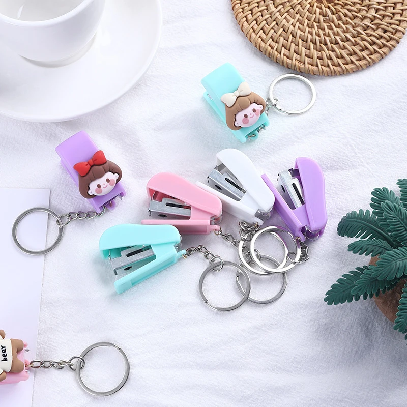 Macaron Color Cute Cartoon Mini Stapler Key Chain Student Creative stapler Convenient Key Ring Pendant 1 Pc