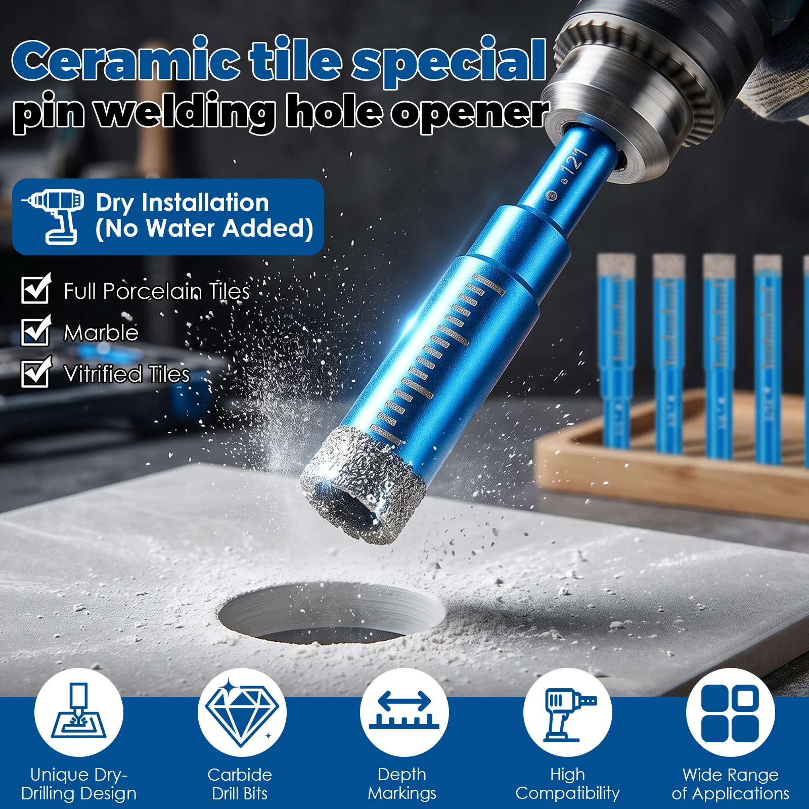9Pcs Round Shank Tile Drill Bit Carbide Diamond Core DrillBit for Ceramic Pot Glass Granite Concrete Masonry Stone Hard Material