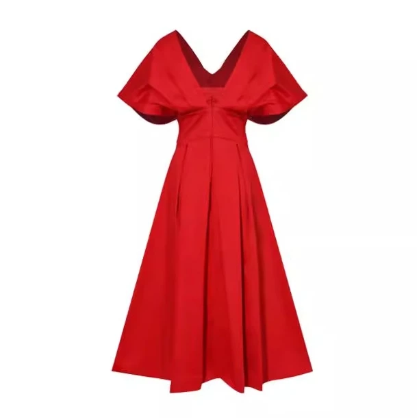 Women's Dress Elegant Formal Evening Dress Pullover Solid Color V-neck Puff Short Sleeve High Waist Ruched A-line Maxi Dress