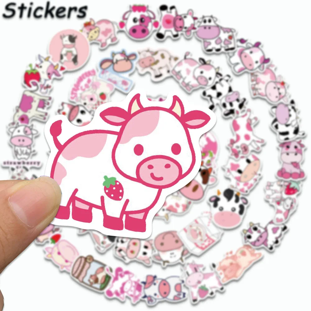 Cute Cartoon Stickers para crianças, vaca rosa, decalques de animais, laptop, skate, bagagem, telefone, DIY Graffiti, presente, 50pcs