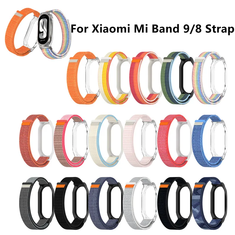 Nylon strap+PC case for Xiaomi Band 8/9 NFC Version Band Braided wristband Protect Cover Card buckle Mi Band 8/9 Bracelet