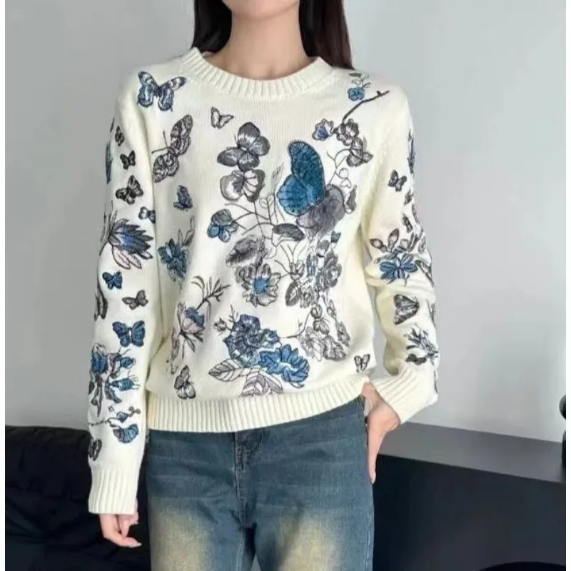 

Fall 2024 new sweater, high quality butterfly flower alphabet embroidery jacquard wool needle, all-match sweater women's top