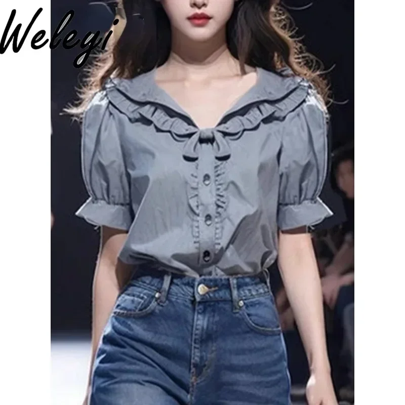 

European Station High End Grey Shirts Women's Fashionable Elegant Tops Summer New sweet Doll CollarShort Sleeve koszule i bluzki