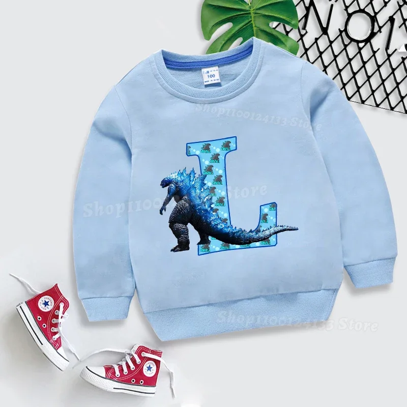 Godzilla Childern Spring Pullover Sweatshirt Letter A-Z Movie Cartoon Print Baby Thin Cotton Clothing Long Sleeve Tops Boys Gift