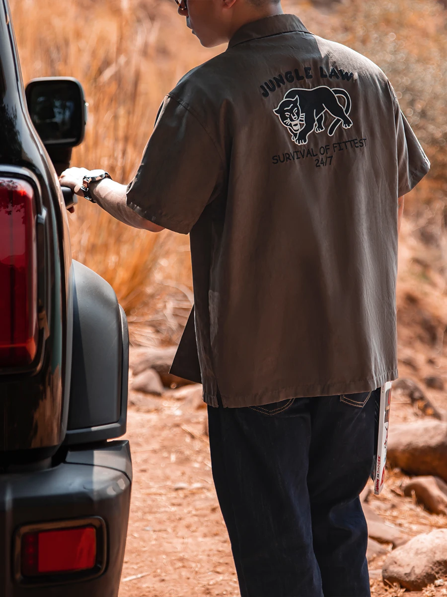Black Panther Embroidery ALOHA Cotton Velvet Shirt Cuban Collar Short Sleeve Men's Summer Casual Fashion Polyester Nylon
