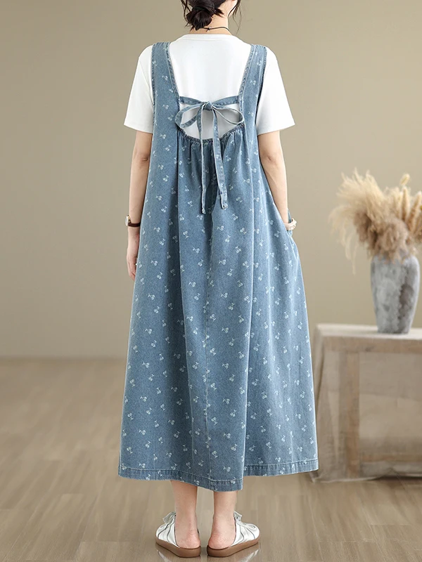 레트로 아티스틱 루즈 캐주얼 데님 베스트 드레스 여름 신상 플로럴 자수 와이드 레그 청 스커트 여성 한국 스타일 미디 드레스