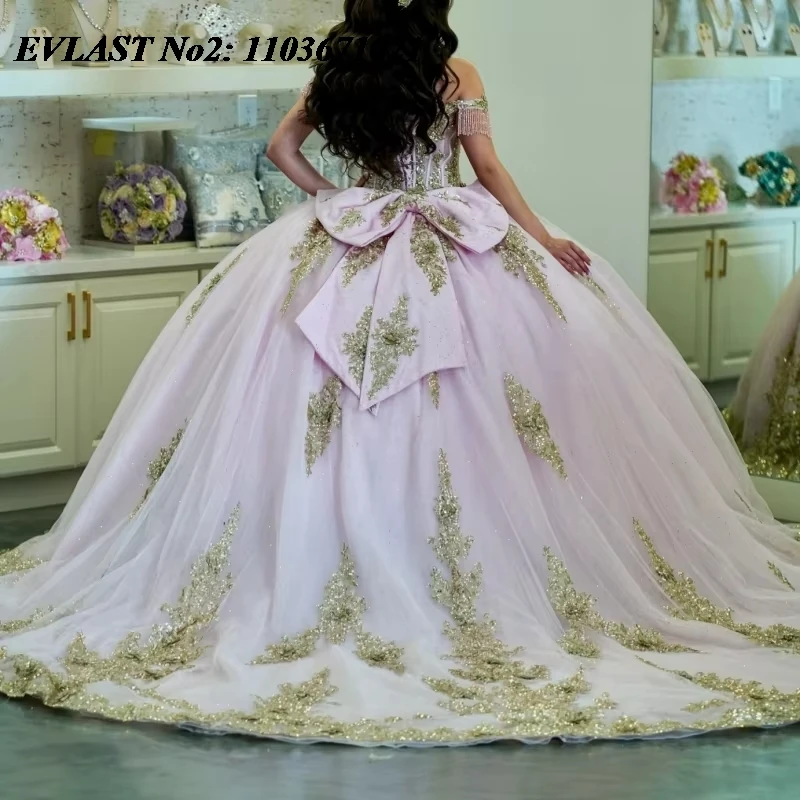 EVLAST personnalisé princesse rose Quinceanera robe robe De bal or dentelle appliques perles arc doux 16 robes De 15 Anos E2Q20
