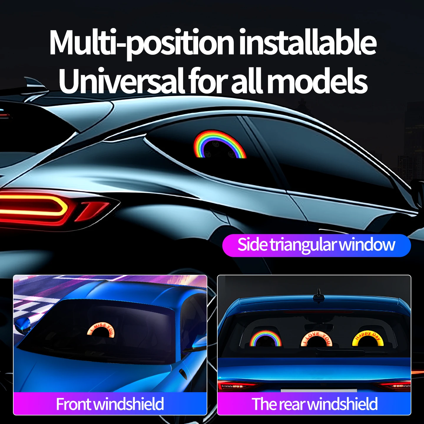 Solar Rainbow LED Car Atmosphere Light Suction Cup Wireless No Wiring Vibration Sensing Interior Decoration Lamp Multiple Styles