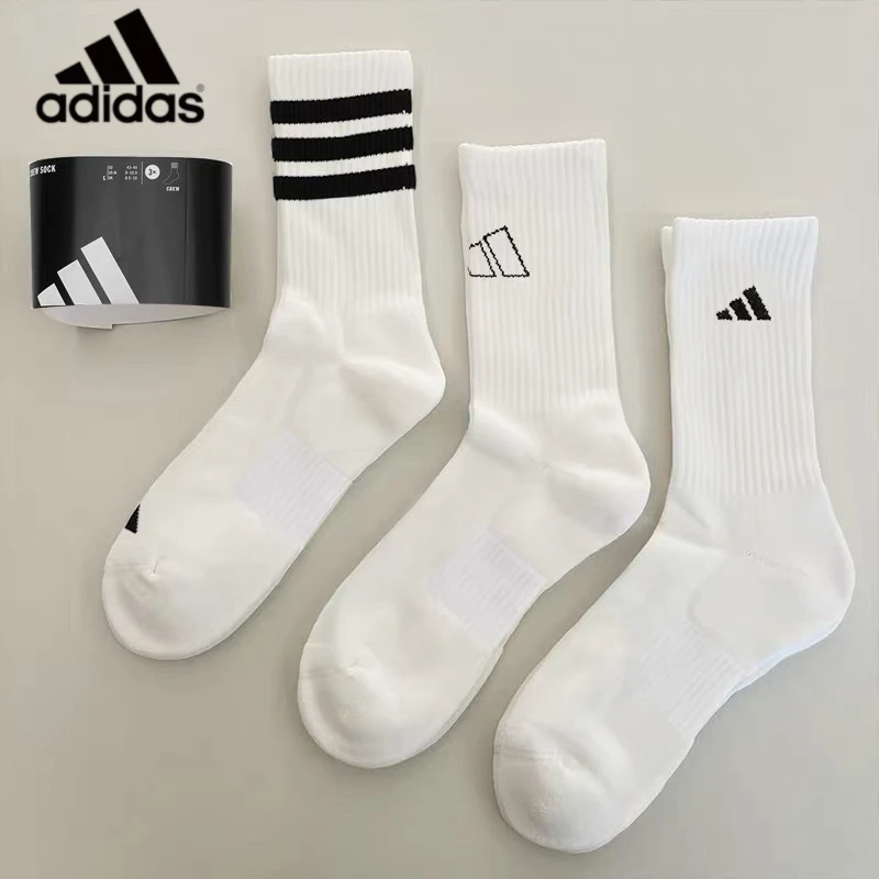 Adidas Unisex White Sports Socks Classic Cushioned Breathable Sweat Wicking Running Daily Mid Calf Socks 3 Pairs JI6316