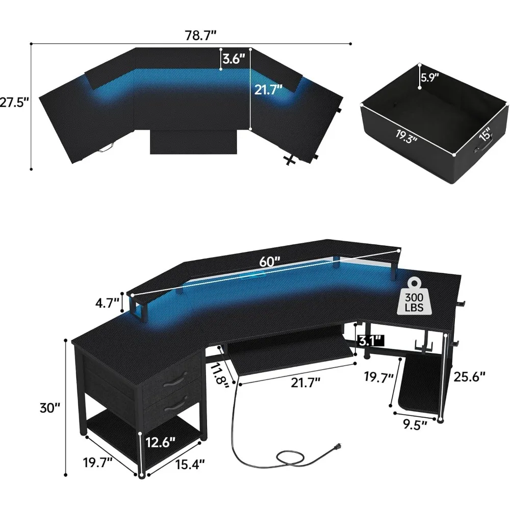 79" Gaming Desk, Computer Desk with 2 Fabric Drawers & LED Light, L Shaped Gaming Desk with Storage Shelf for Home Office