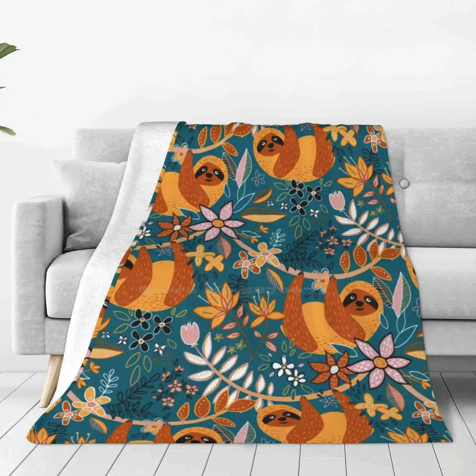 Happy Boho Sloth Floral For Home Sofa Bed Camping Car Plane Travel Portable Blanket Cute Pattern Micklyn Sloths Animals Floral