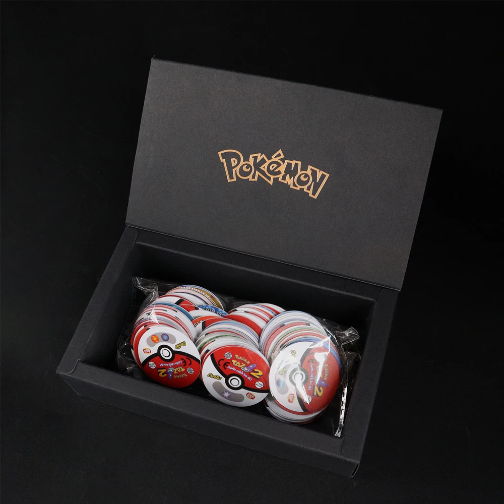 100/160 sztuk Pokemon Tazos 1/2 generacji pudełko na uderzenia 3D okrągłe kwadratowe karty kolekcjonerskie Album trener Pogs Cheetos Chipitaps