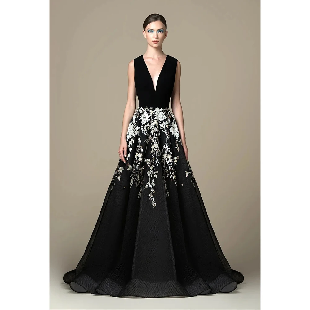 Robe de soirée noire élégante pour femme, col en V, longueur au sol, train de balayage, appliques, haute qualité, robe de soirée formelle, robe éducative