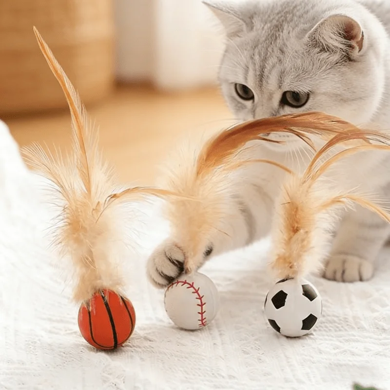 Interactive Feather Cat Elastic Ball - Durable rubber pet toy for throwing and chasing, quiet self entertainment toy,