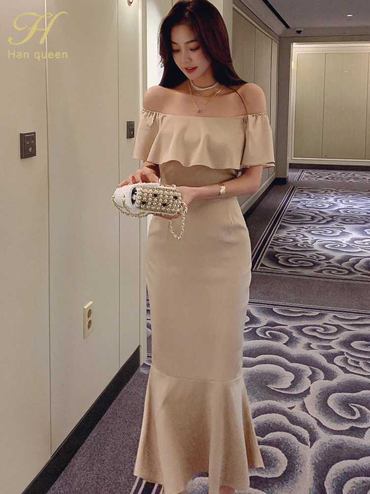 H Han Queen Hot Sale Sexy Slash Neck Mermaid Dress Elegant Fashion Slim Korean Party Long Vestidos Women Casual Simple Dresses