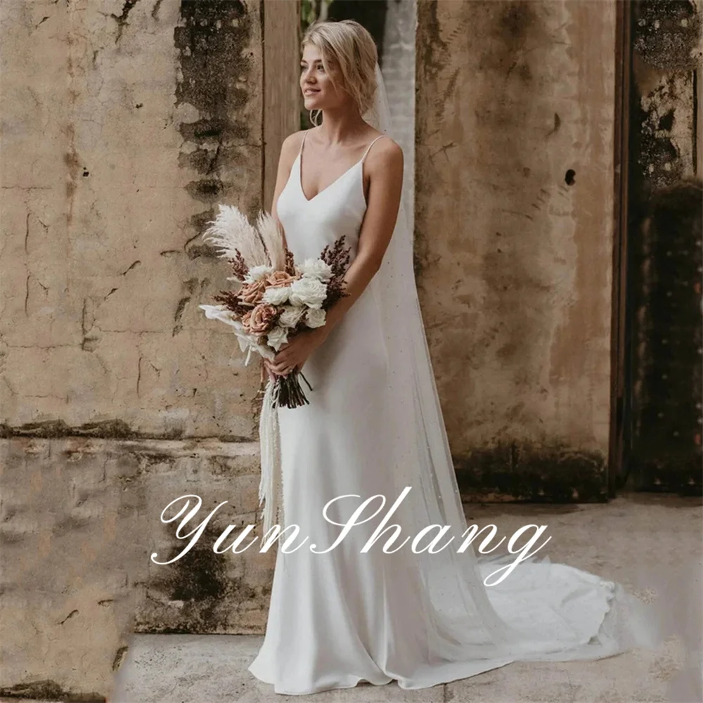 

Yunshang Customized Simple Mermaid Wedding Dress Open Back Spaghetti Straps V-Neck Woman Bridal Gown Train Vestidos De Novia