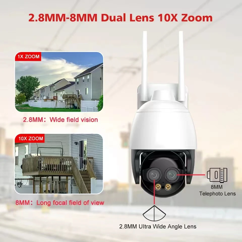 8MP Wifi/4G SIM Dual Lens Outdoor Camera 10X Digital Zoom Al Human Detection Auto Tracking smart home surveillance Camera