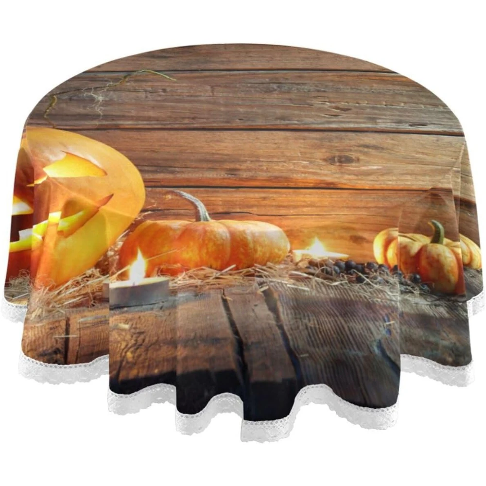 

Round Table Cloth 60" Tablecloths Rustic Halloween Pumpkins Lace Elegant Wipeable Washable Table Cover for Kitchen